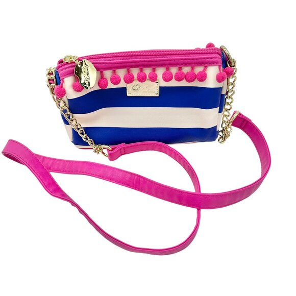 Betsey Johnson Luv Betsey Crossbody Bag Blue White Stripe Pink Strap Pom Accents - Picture 1 of 10